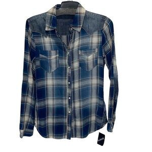 Blank NYC Womens Plaid‎ Denim Long Sleeve Cotton Shirt Blue Size XS NWT